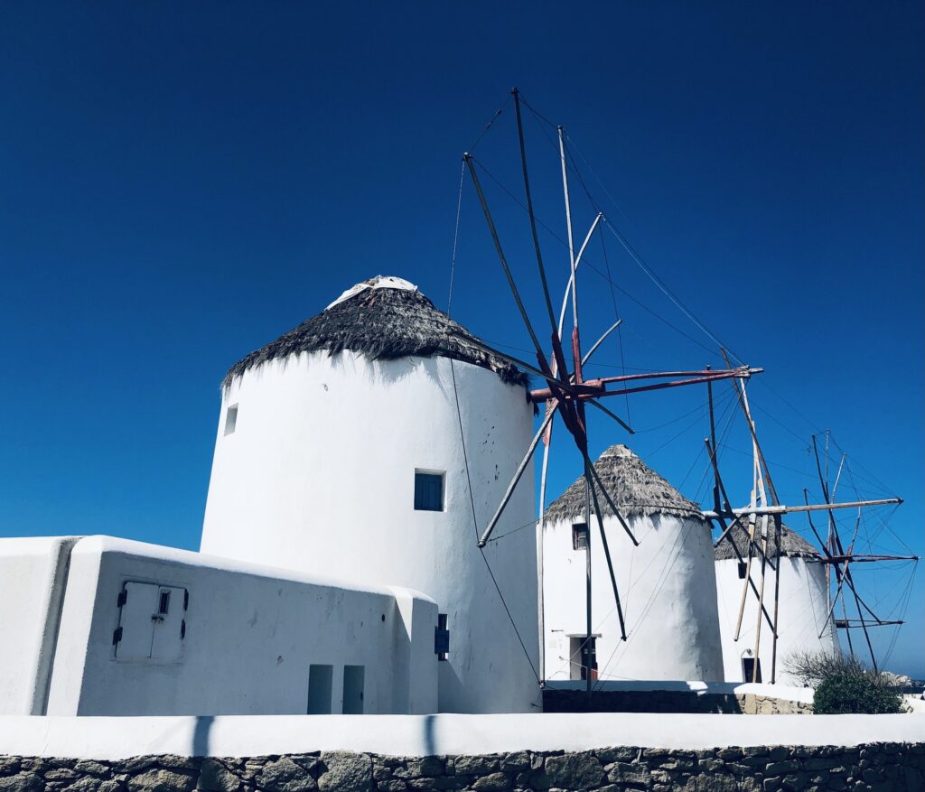 Flour Mills of Mykonos in Greece on a clear blue sky background